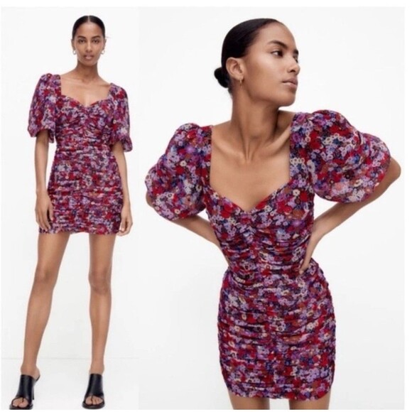 Zara XS Floral Print Puff Sleeve Ruched coquette feminine Mini Dress Blogger Fav - Picture 1 of 15
